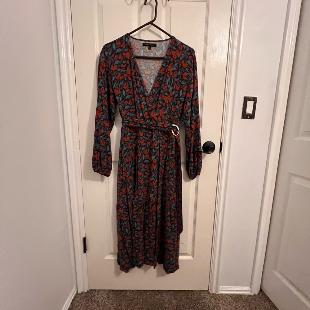 DownEast Blue and Red Floral Long Sleeve Dress